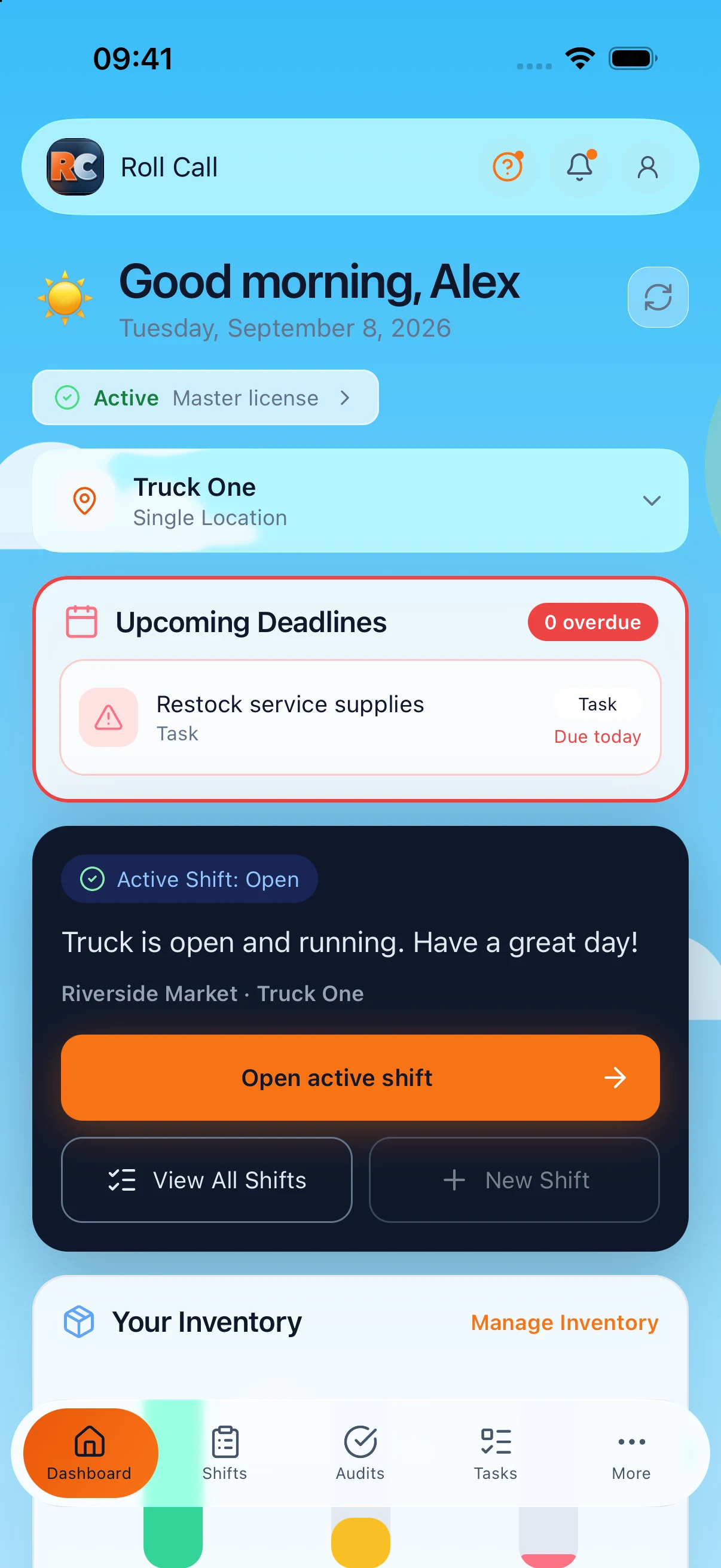 Roll Call iPhone dashboard showing the active shift, deadlines, and inventory with sample data